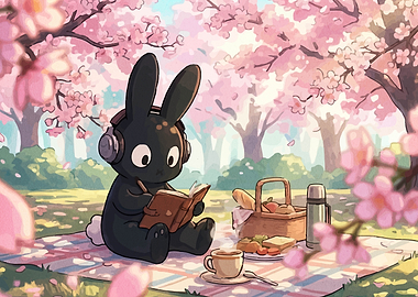 Black bunny reading under cherry blossoms