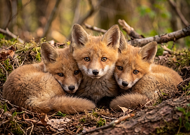 Three adorable fox cubs huddled together
