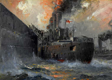 The 'Vindictive' at Zeebrugge, the Storming of Zeebrugge Mole by Charles John de Lacy WW1 Historical Painting