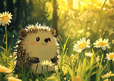 Cute Hedgehog in a Field of Daisies