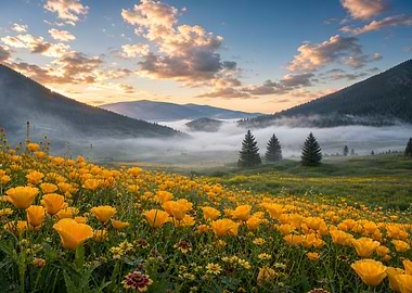 Field of yellow flowers at sunrise nature