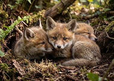 Three adorable fox kits huddled together