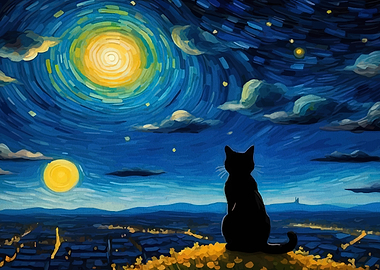 Black Cat Gazing at Starry Night Sky