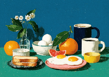 Still Life Breakfast with Oranges and Eggs