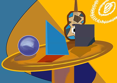 Abstract Still Life with Guitar and Geometric Shapes