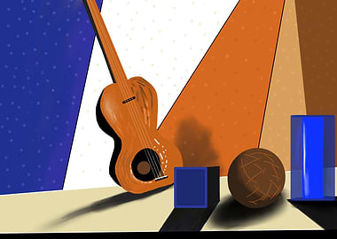 Still life with guitar and geometric shapes