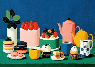 Dessert spread with cakes and tea