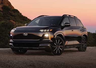 Black Subaru electric SUV at Sunset