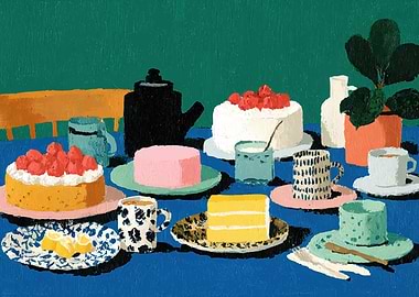 Still life of cakes and tea set