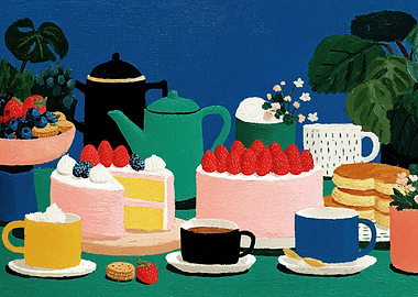 Dessert spread with cakes and tea