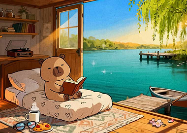 Bear reading by a lake