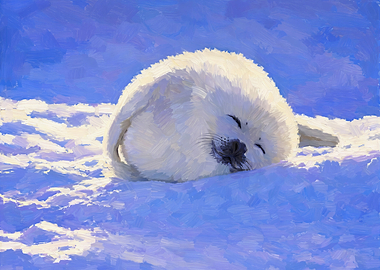 Sleeping Harp Seal Pup on Snow