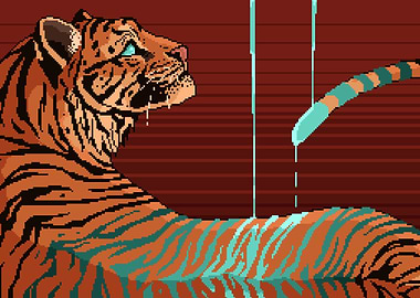Pixel Art Tiger with Teal Stripes
