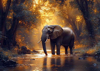 Elephant in a sunlit forest stream