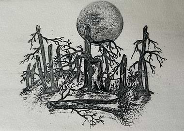 Moonlit Forest of Dead Trees - Hand drawn