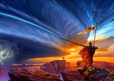 Warrior with Banner in Stormy Landscape