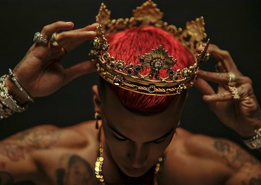 Man placing a jeweled crown on his head