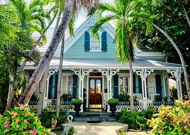Tropical Conch House with Palm Trees