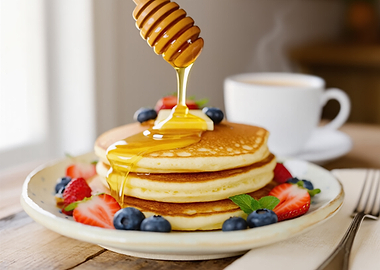 Stack of Pancakes with Berries and Honey