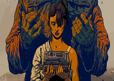 Woman Holding Device with Giant Hands Behind
