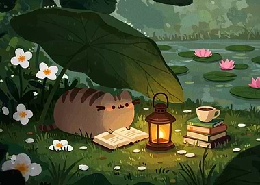 Pusheen Reading Under a Leaf by a Pond