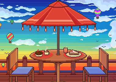 Pixel Art Cafe at Sunset