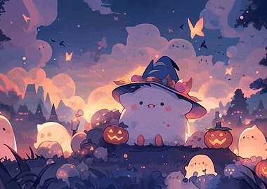 Cute Mushroom Witch with Pumpkins and Ghosts