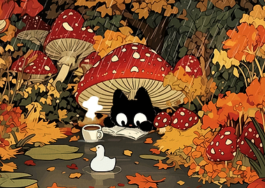 Cute Black Cat Reading Under Mushroom in Autumn Rain