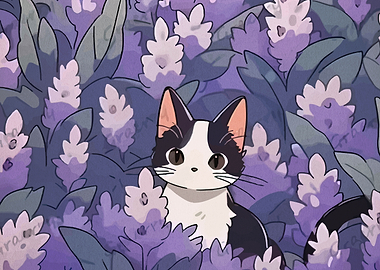 Cute Cat in Purple Flowers