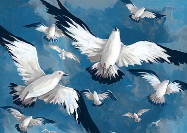 Seagulls in flight against blue sky