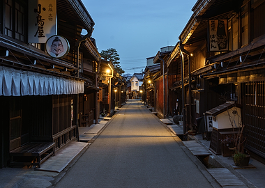Traditional Japanese Street Sanmachi Suji in Takayama at Dusk