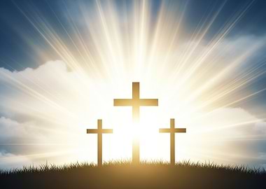 Three Crosses on a Hill at Sunrise