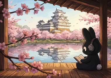 Bunny Reading by Japanese Castle