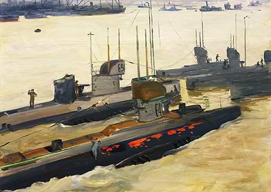 British Mine-laying Submarines, Harwich, 1917 by John Lavery WW1 Historical Painting
