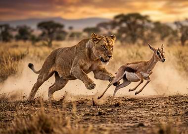 Lion hunting a gazelle in the savanna