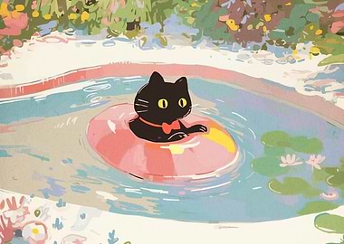 Black cat floating on a pink inner tube