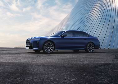 Blue BMW Sedan in Modern Setting