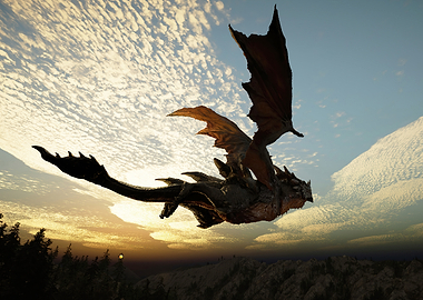Dragon flying at sunset