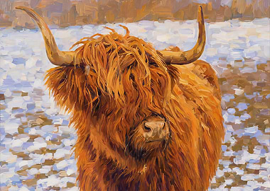 Highland Cow in Snowy Landscape Painting