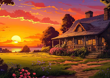 Sunset over a rustic cottage