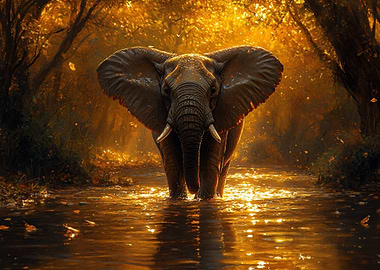 Elephant in Golden Forest Stream