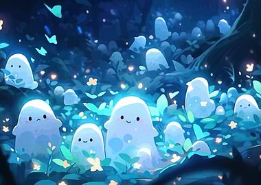 Cute glowing ghosts in a forest