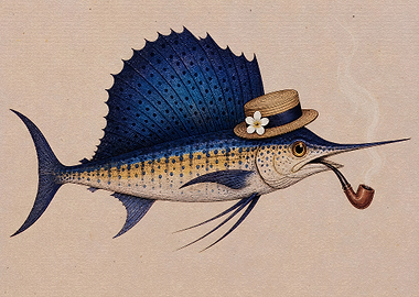 Sailfish Wearing Hat and Smoking Pipe