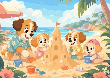 Puppies Building a Sandcastle on the Beach