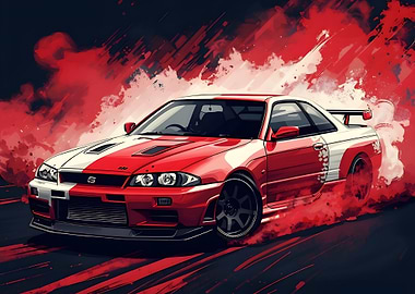 Red and White Sports Car Drifting