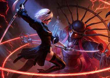2B battles a giant robot