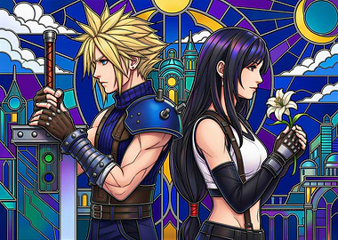 Cloud and Tifa in Stained Glass Style