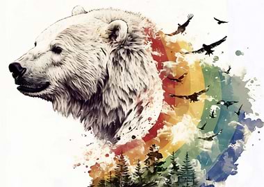 Polar Bear with Birds and Rainbow