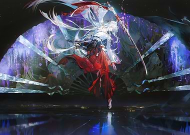 Anime warrior with sword and red skirt