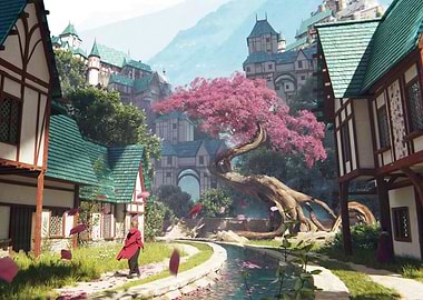 Fantasy Village with Cherry Blossom Tree